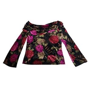 Y2K Black Velvet Floral Off Shoulder Cowl Neck M Moody Romantic Whimsigoth Bell